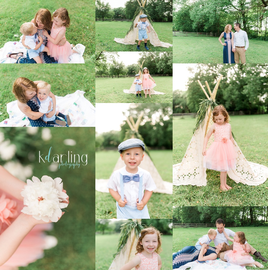 Family photo session in Champaign County with antique tent.