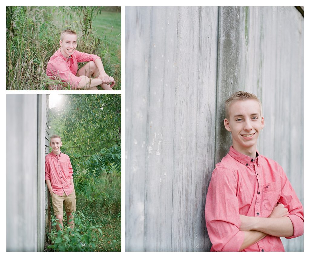 Fisher Illinois high school senior boy in pink shirt by barn