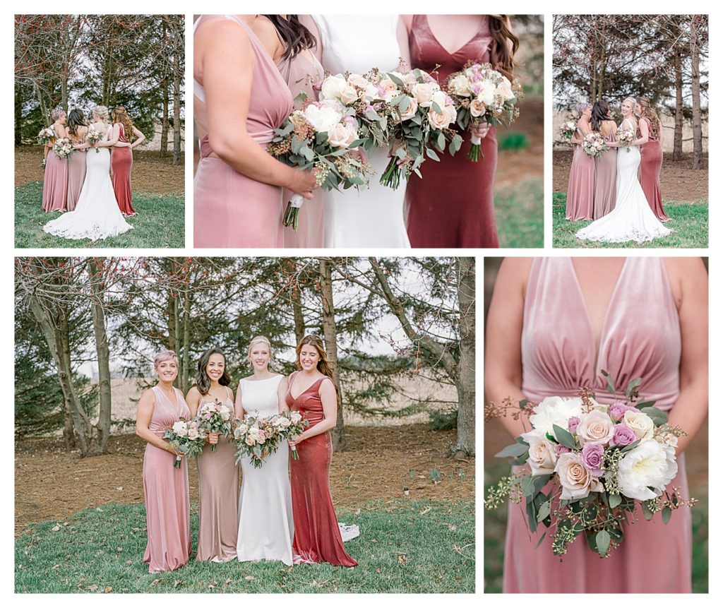 Blush ombre velvet bridesmaids dresses spring wedding at Pear Tree Estate champaign illinois