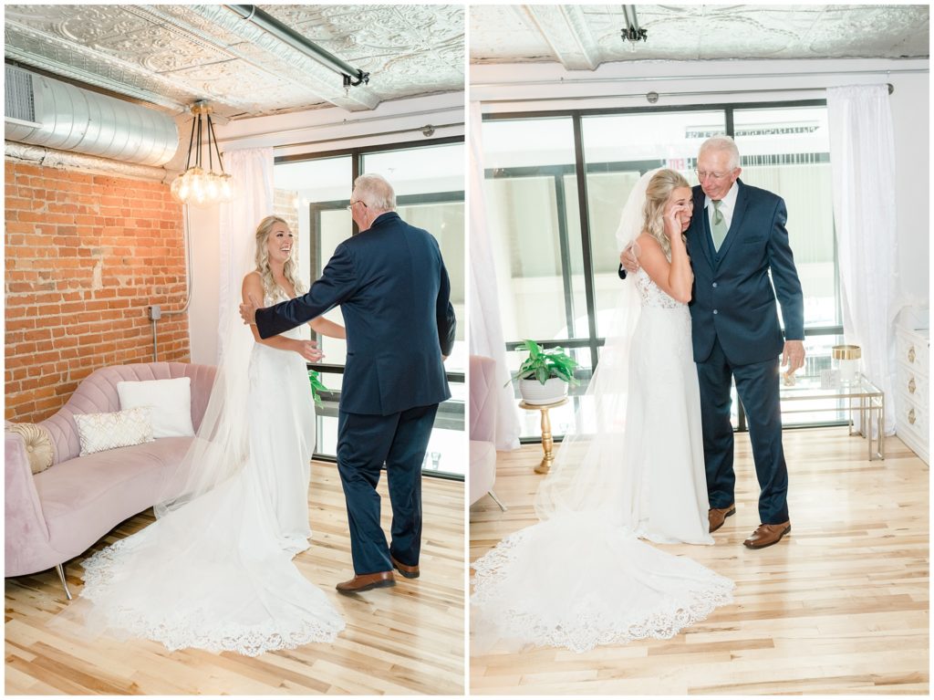 Bride has first look with dad in bridal suite at venue cu in champaign, illlinois