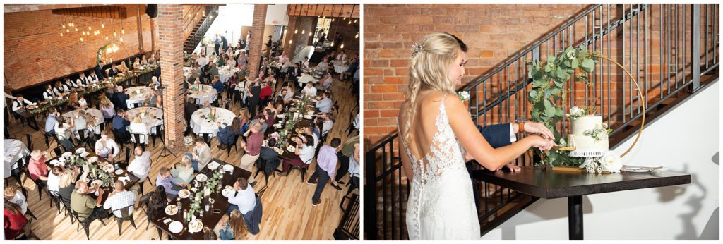Bride and groom cut the cake and first dance at the venue cu in Champaign, Illinois
