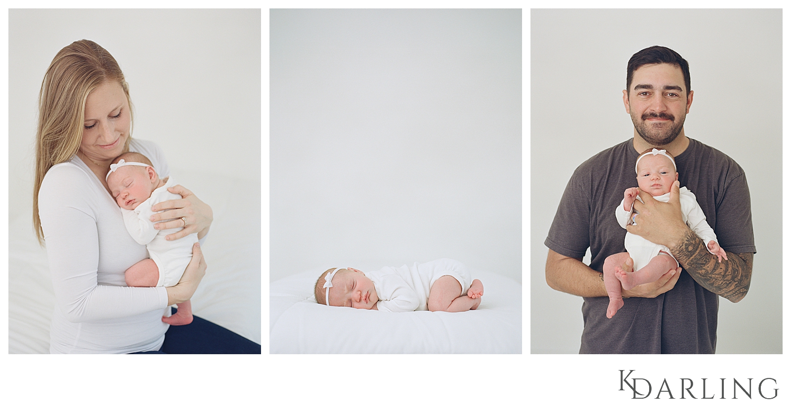 Baby in white onesie on white bed using baby led posing.  mom holding newborn.  dad holding newborn