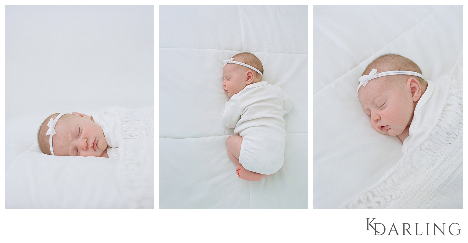 Baby in white onesie on white bed using baby led posing